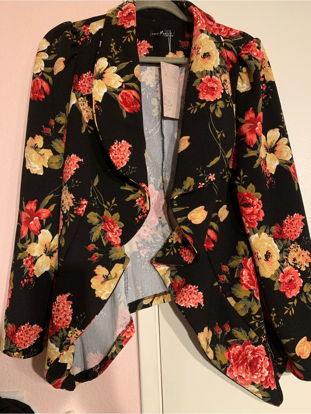 Floral Black Ruffle Open-Front Peplum Blazer Jacket